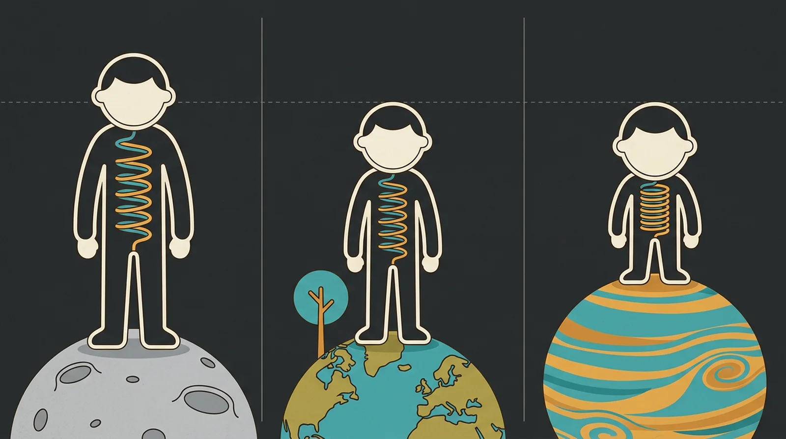 The same person with a spring for a spine on the Moon, on Earth and on a gas giant, shorter each time