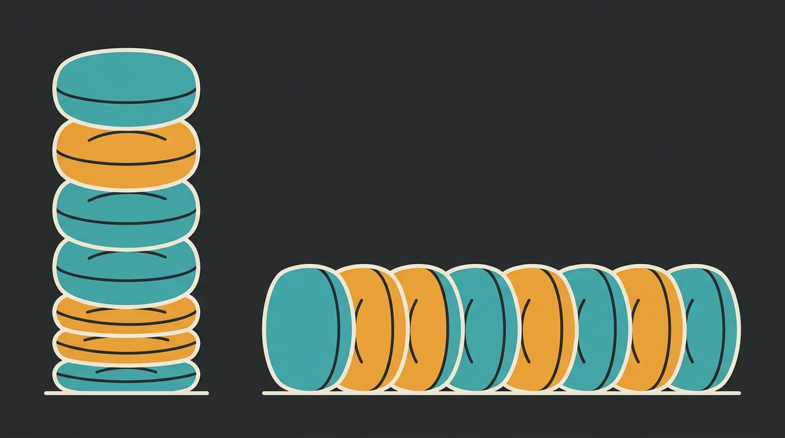 A stack of eight cushions with the bottom ones squashed flat, next to the same eight cushions lying in a row